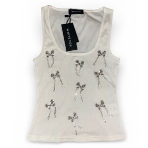 White Fox Boutique Small White Sweet Angel Rib Tank, Silver Rhinestone Bows